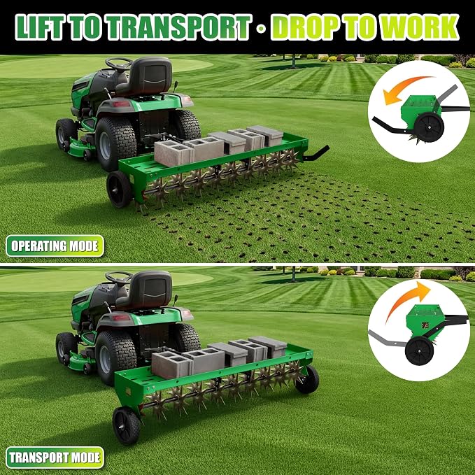 48" Spike Aerator Tow Behind, Lawn Aerator Tow Behind with Universal Hich, Green Galvanized Steel and Includes a Pallet Capable of Supporting 280 Pounds, Pull Behind Aerator for Garden, Farm and Lawn