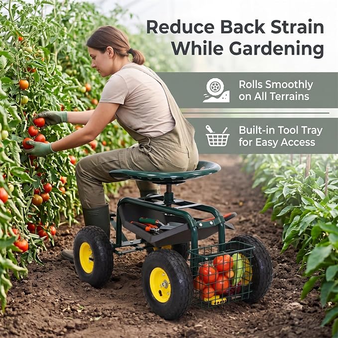 Kintness Garden Cart Rolling Wagon Scooter for Planting Swivel Work Seat with Tool Storage Utility Basket, Garden Scooter with 10" inch Wheel for Garden