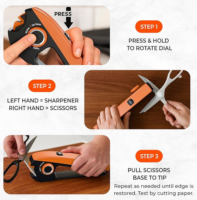 Scissors Sharpener – 4 Angle Settings for Kitchen, Fabric, Hair & Craft Scissors – Quick, Safe Sharpening for All-Purpose & Heavy-Duty Scissors – Right Hand Use