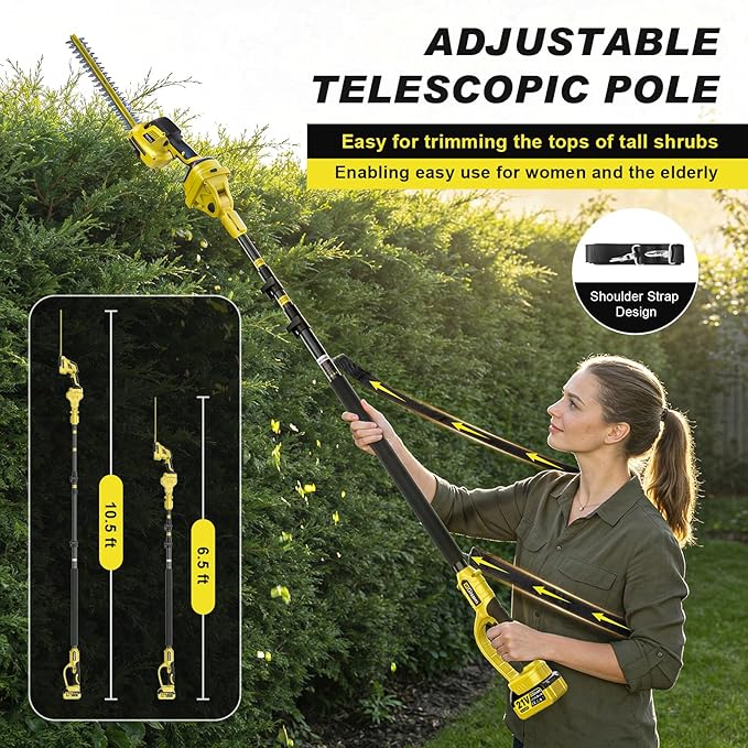 4-in-1 Pole Hedge Trimmer Cordless - Electric Hedge Trimmer & Grass Shear with Extension Pole, 2*4.0Ah Battery,180° Adjustable Angle,16Ft Reach,Hedge Trimmers Cordless with Battery for Shrubs Pruning