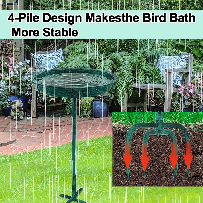 Metal Bird Bath for Outside, 36.2" Height Birdbath Bowl Standing Bird Feeders for Outdoors with 4 Prongs Base Stake, Freestanding Birdfeeders for Garden Yard Lawn Decor (Retro Green)