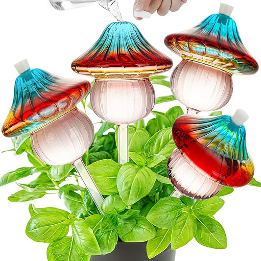 11 oz Large Plant Watering Globes Mushroom, Gradient Color Glass Watering Bulbs, Self Watering Planter Insert, Self Watering Globes - Vacation Plant Watering Devices for Travel (Large 4-Pack)