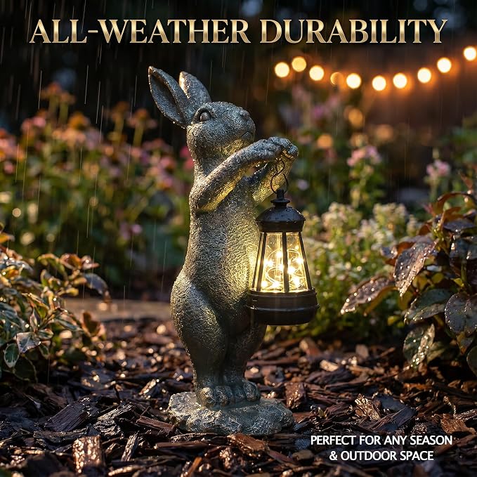 C&Y&G&X Garden Statue Rabbit with Solar Lantern - Outdoor Bunny Figurine Decor with LED Lights, Weather-Resistant Resin Animal Yard Art Sculpture for Patio, Lawn, Pathway, and Housewarming Gift