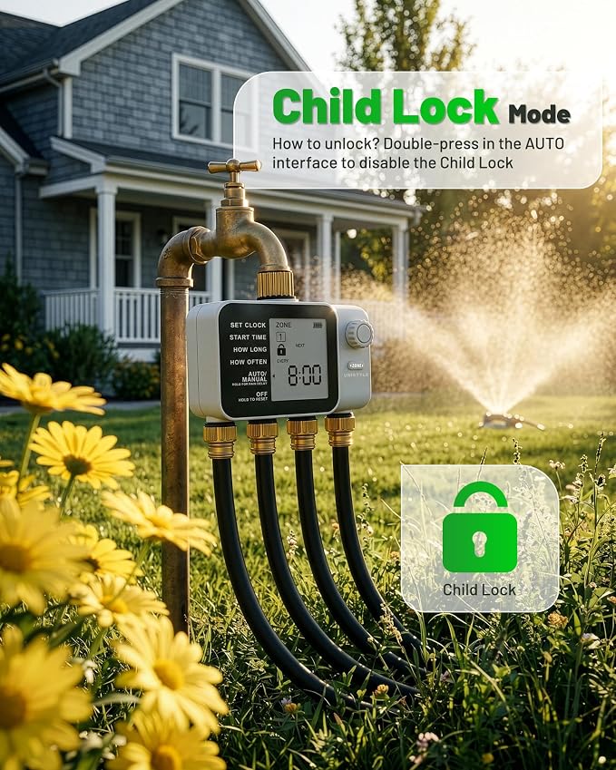 [All-New 2027] 4 Zone Sprinkler Timer with Brass Inlet, Unistyle 4 Outlet Programmable Water Timer for Garden Hose with Rain Delay, Manual Watering Automatic Irrigation Hose Timers for Yard Lawn Patio