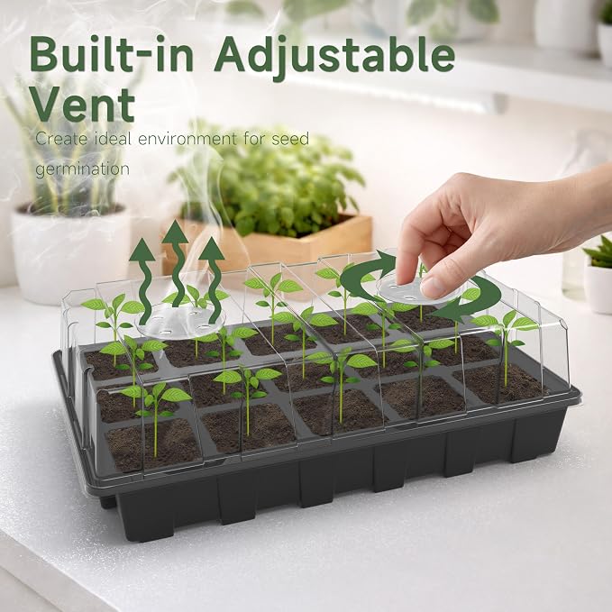 Gardzen 5-Pack Seed Starter Kits, Reusable Plant Germination Trays with Total 75-Cell, Seed Starter Tray with Humidity Vented Domes and Bases for Starting Vegetable Flower Herb Seeds 15" x 9", Black