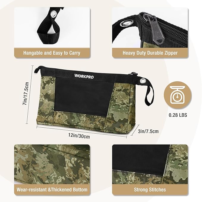 WORKPRO 12" Tool Pouches with Zipper, Heavy-Duty Small Tool Bag, Utility small tool pouch for Tool Organizers and Storage, Mini Tool Bag, 3 Pack, Camo