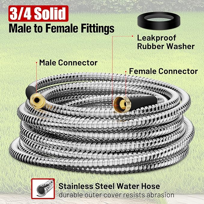Beitopamz 100 ft Garden Hose, Stainless Steel Metal Water Hose with Nozzle, Flexible and Durable, Rust Proof, No-Kink, Heavy Duty, Leakproof 3/4'' Brass Fittings, Lightweight Hose for Patio, Lawn