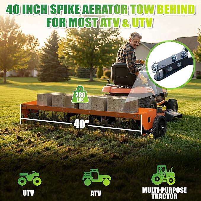 40" Spike Aerator Tow Behind, Lawn Aerator Tow Behind with Universal Hich, Orange Galvanized Steel and Includes a Pallet Capable of Supporting 280 Pounds, Pull Behind Aerator for Garden, Farm and Lawn