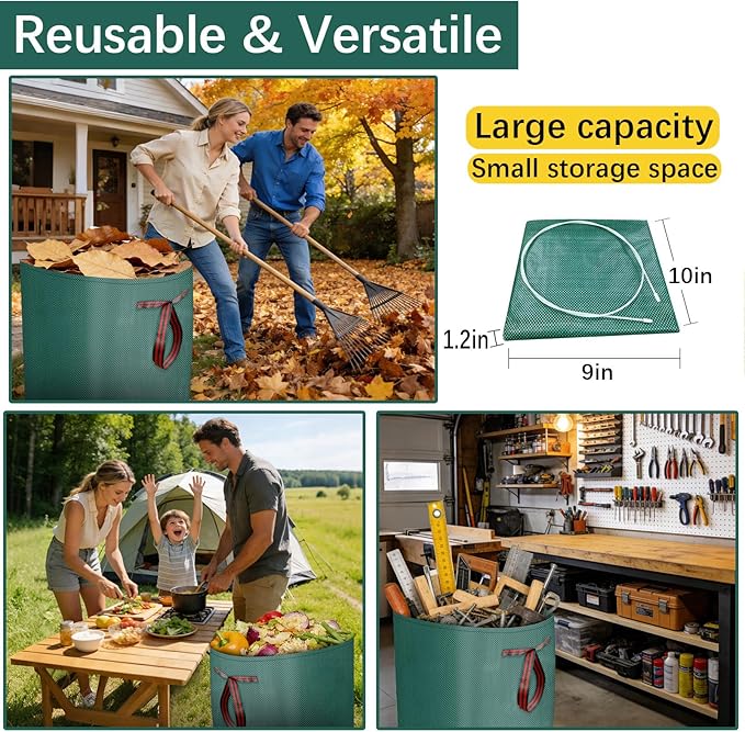 2Pack 53 Gallon Heavy duty reusable patio bags, thickened stand-up lawn bags for collecting garden leaves and trash, lightweight and portable
