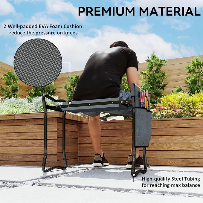 Outsunny Garden Kneeler Seat Stool Bench Kneeling Pad and 1 Large Side Tool Pouch & Easy Folding Design for Storage, Gray