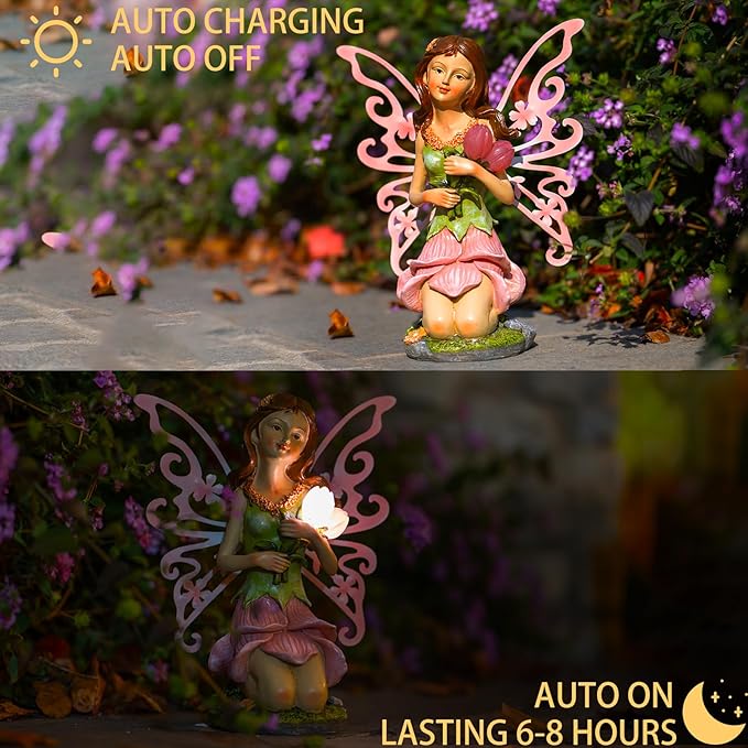 Suyorpe Solar Fairy Garden Statue Lights Outdoor Decor - Fairies Pink Flower Resin Waterproof Figurine for Patio Backyard Yard Lawn Decoration,Gift for Mom Grandma Wife