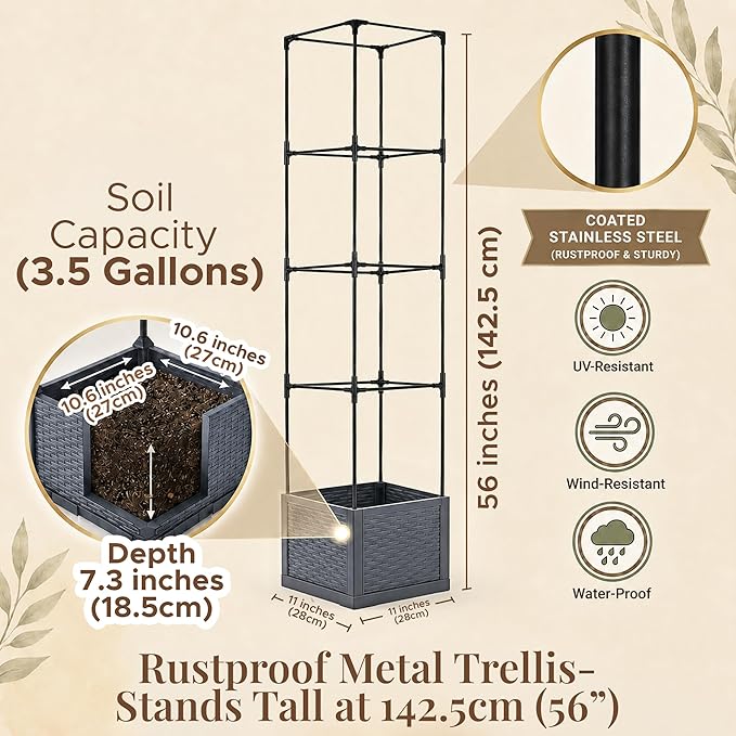 2 Pack Tomato Planter with Trellis 56 Inch, Self Watering Planter Box with Trellis, Vertical Raised Garden Bed Planter for Climbing Vegetables Indoor Outdoor Patio