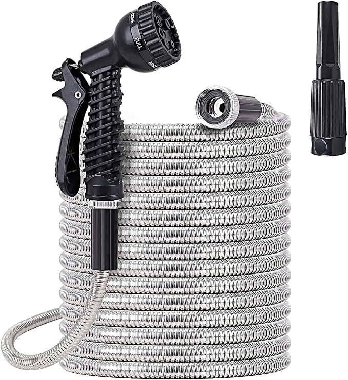 Metal Water Hose 100 ft - Stainless Steel Water Hose with 2 Nozzles, Lightweight, Tangle Free & Kink Free, Heavy Duty, High Pressure, Flexible, Dog Proof