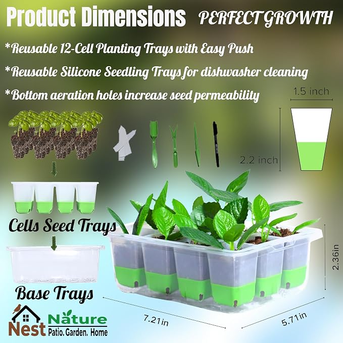 5-Pack Reusable Silicone Seed Starter Kit,Reusable 60Cell Seed Starter Trays with Easy Push-Out Design,Foldable Design for Easy Transplanting,Indoor Gardening Supplies for Vegetables, Flowers & Herbs