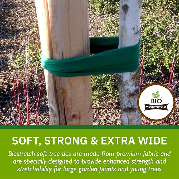 Bio-Stretch Extra Wide Soft Tree Ties - Strong & Stretchy Support for Large Plants & Young Trees - Cut-to-Length Green Garden Tape for Home & Professional Gardening (26 ft / 8M)
