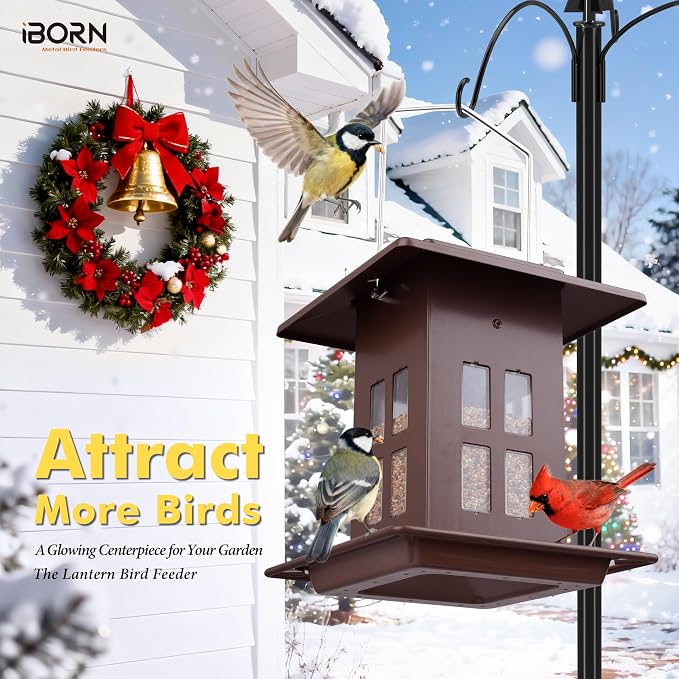 iBorn Bird Feeder for Outdoor Hanging,Metal Bird Feeder Hanging Outside for Cardinal, Double-Sided Hanger Wild Birdfeeder All Metal Constructions, Holds 2.6LB Seed, Bronze,8 Ports