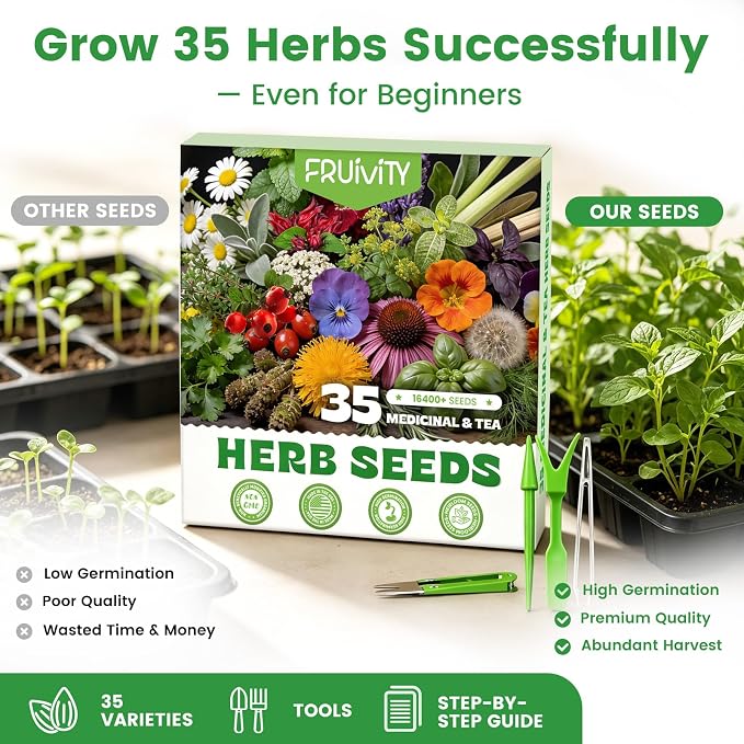 35 Medicinal & Tea Herb Seeds Variety Pack – 16,400+ Non-GMO Heirloom Seeds for Indoor & Outdoor Gardening: Basil, Chamomile, Rosemary, Mint, Oregano, Lavender & More