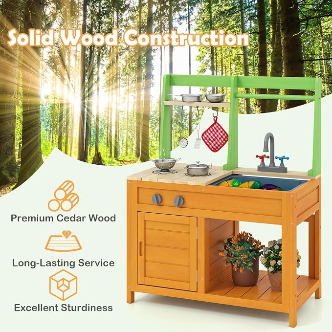 HONEY JOY Mud Kitchen, Fir Wood Outdoor Play Kitchen for Toddlers, Stove, Faucet, Sink, Cookware Accessories, Storage Cabinet, Mud Table Playset for Kids Backyard, Gift for Boys Girls, Natural