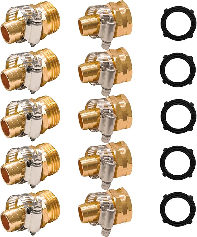 Hourleey Garden Hose Repair 1/2 Inch, Aluminum Mender Hose Connector Fitting with Clamp, Fit 1/2" Male & Female Hose Connector, 5 Sets