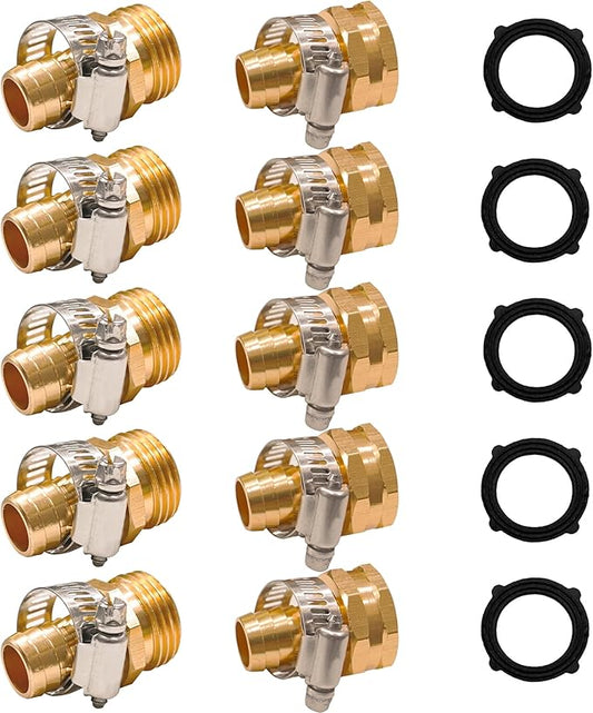 Hourleey Garden Hose Repair 1/2 Inch, Aluminum Mender Hose Connector Fitting with Clamp, Fit 1/2" Male & Female Hose Connector, 5 Sets