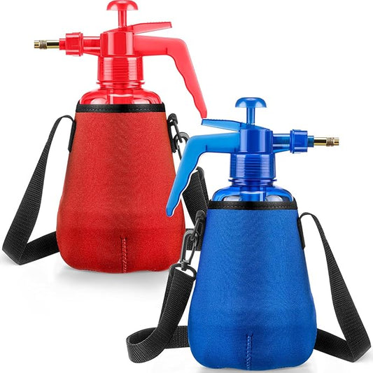 Teenyyou 2 Pcs 1.5 Liter Misters Spray Pump Bottle with Full Neoprene Jacket and Built in Carrying Strap Garden Plant Mister Spray Bottle for Spring Personal Cooling Plants Watering (Red,Blue)