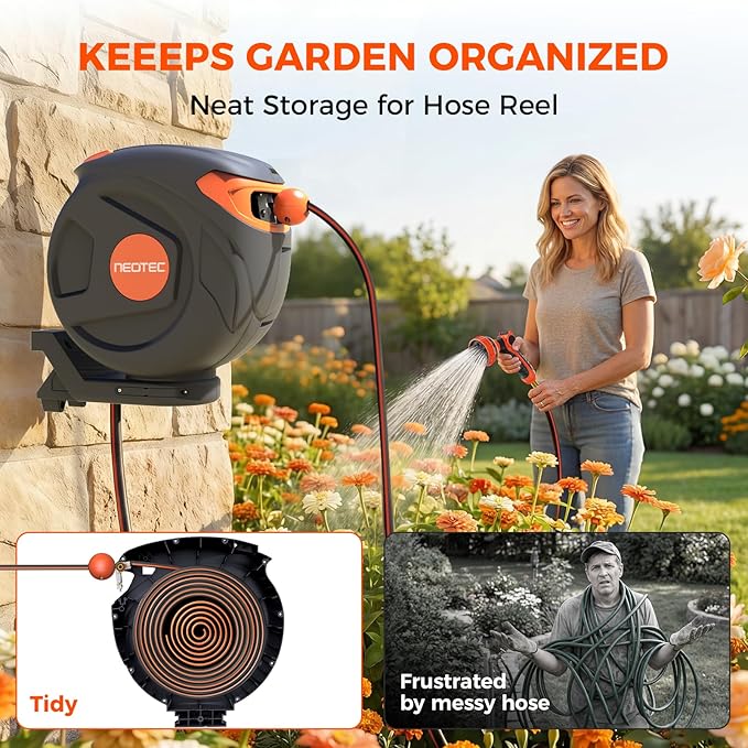 New Retractable Garden Hose Reel 1/2 inch x 85 ft 9 Pattern Nozzle Wall-Mounted Any Length Lock Automatic Slow Return 180° Swivel UV Resistant Heavy Duty Hose Reels for Outside
