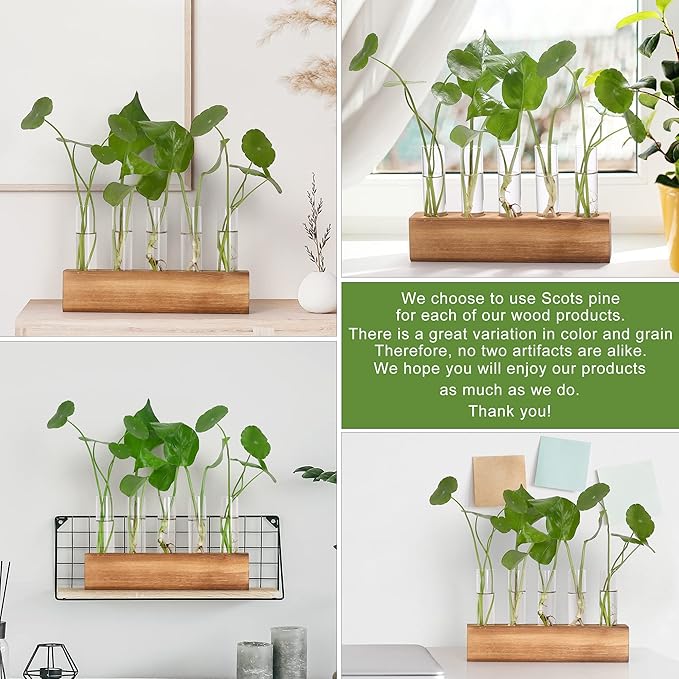 YIBOT Plant Propagation Stations with Wooden Stand,5 Glass Test Tubes Vases | Plant Terrarium,Birthday Gardening Gifts for Women Mom Plant Lovers, Home Office Desk Decor