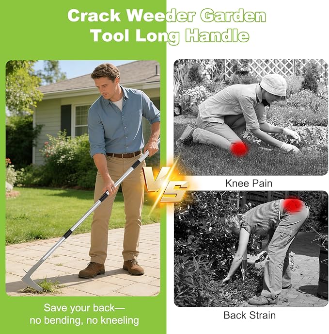 Crack Weeder, Stainless Steel Crevice Weeding Tool with 22'' to 64'' Adjustable Long Handle, L-Shaped Manual Weed Puller Spatula, Weed Remover Gardening Tool for Sidewalks Driveways Patio Pavers Rocks
