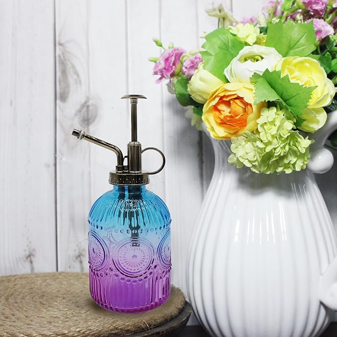 Glass Plant Mister Spray Bottle, 350ML Vintage Plant Spritzer with Top Pump Watering Can for Indoor Outdoor House Plants,Flowers (Blue Purple)