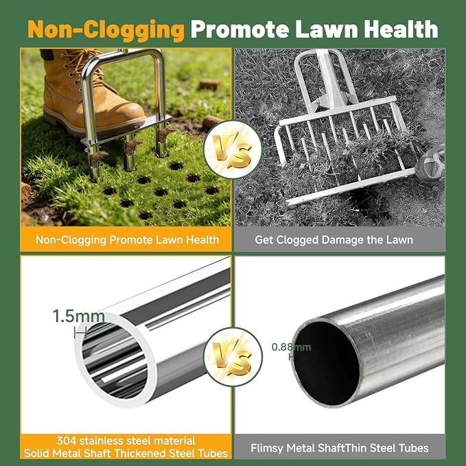 Lawn Core Aerator Tool, Handheld Soil Coring Aerator, 3 Replaceable Hollow Tines Semi-Assembled Grass Plug Aerator for Yard Lawn Garden Care-Green
