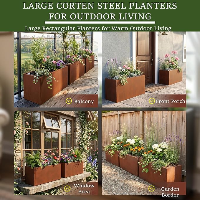 32 Inch Corten Steel Planter Box for Outdoor Plants, Large Rectangular Weathering Steel Planter with Drainage Holes, Metal Planter Box for Patio, Porch, Balcony, Backyard & Garden