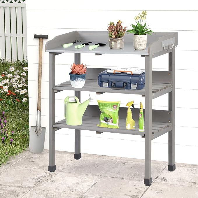 Outdoor Wooden Potting Bench Table, Garden Wood Workstation Planting Table with Metal Top, Storage Shelf, and 3 Hooks for Gardening, Grey