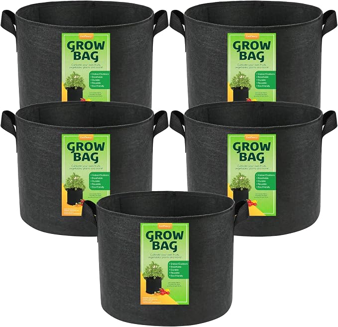 LotFancy 5-Pack 10 Gallon Grow Bags, 300G Thickened Nonwoven Aeration Fabric Pots with Reinforced Handles, Heavy Duty Gardening Planter Containers for Vegetables Flowers Fruits, Black