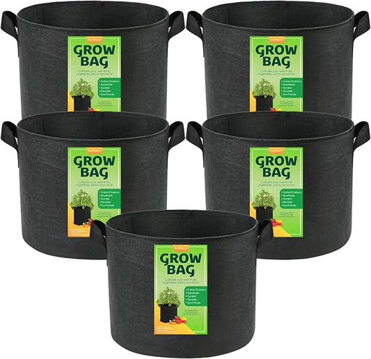 LotFancy 5-Pack 10 Gallon Grow Bags, 300G Thickened Nonwoven Aeration Fabric Pots with Reinforced Handles, Heavy Duty Gardening Planter Containers for Vegetables Flowers Fruits, Black