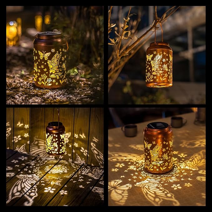 Fairy Solar Lanterns Outdoor Waterproof,Hanging Butterfly Lights Mothers Day Gifts for Women Mom Grandma Hollow Out Metal Lantern Decorative Summer Garden Decor for Patio,Yard,Porch,Pathway