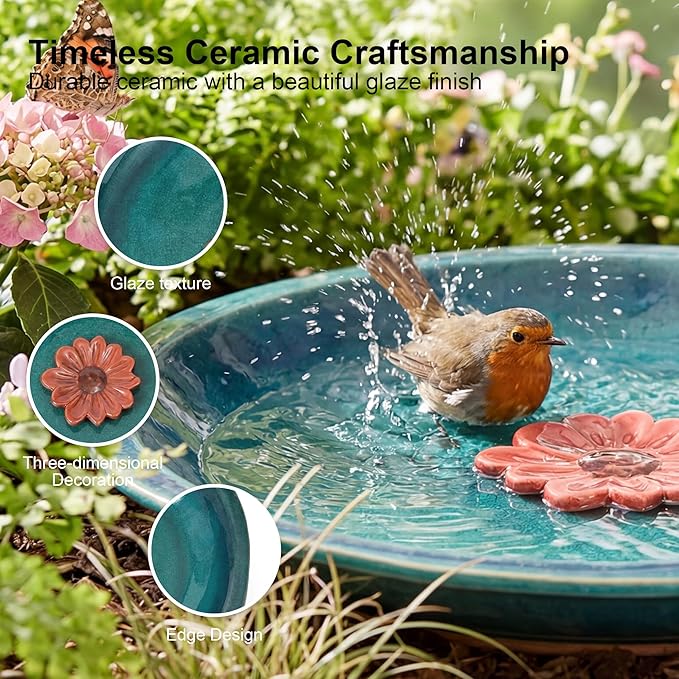 Topadorn 12.2'' Ceramic Birdbath & Birdfeeder for Small Birds Outdoors, 2" Depth Bird Bath Bowl for Vintage Garden Patio Yard Lawn Decor, Blue with Red Flower