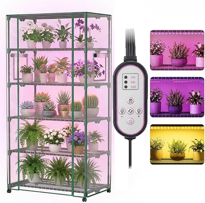 5 Tier Indoor Greenhouse with Grow Lights & Wheels & 2 Ventilation Windows & 5 Shelves , 36"x19"x70" Mini Greenhouse with Wheels & Transparent PE Cover