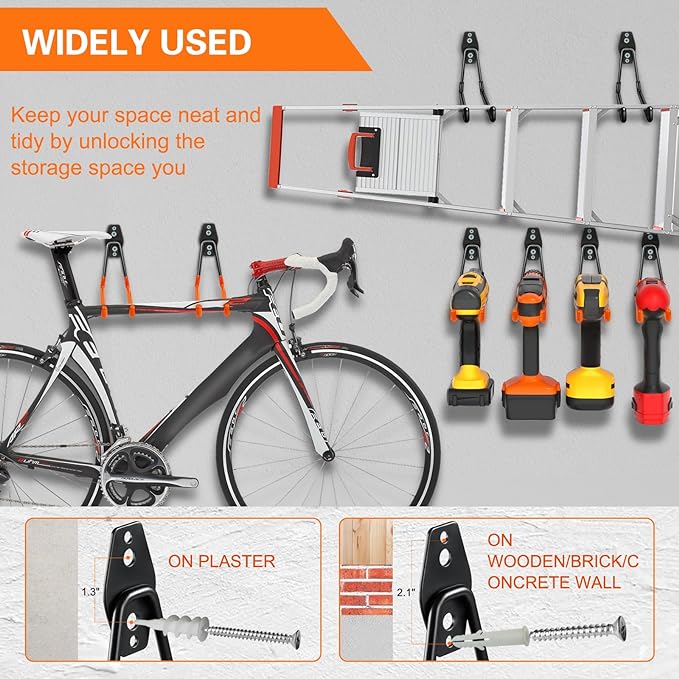 HUPBIPY 12 Pack Garage Hooks Heavy Duty, Wall Mount Hooks | Anti-Slip Coating, Wall Mount Storage Organizer for Hanging Bicycles Garden Tools Ladders Hoses Ropes and Loose Items(Orange)