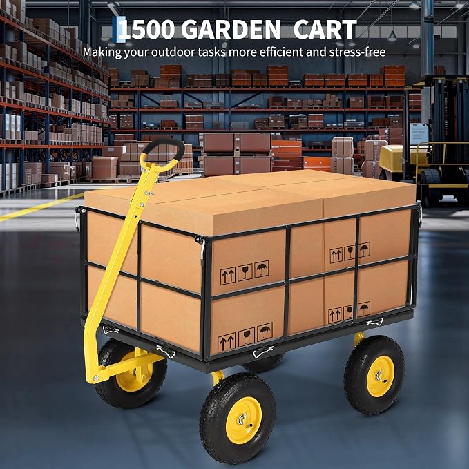 Garvee 1500 LB Garden Dump Cart with 13 in All Terrain Tires, 3-in-1 Yard Wagon Cart with Removable Side Panels, Heavy Duty Outdoor Metal Utility Wagon Yard Trailer for Outdoor Lawn, Yard, Backyard