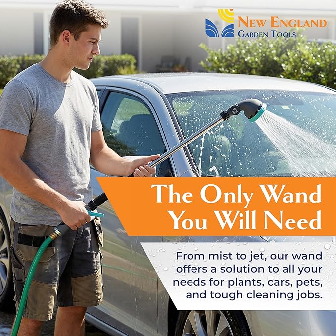 9-Pattern 36-inch Watering Wand 600004, 270° Pivot Head, Heavy-Duty Hose End Sprayer w/Lever Control for Fruit Trees, Yard Work, & Car Cleaning, Fits Outdoor Garden Hoses, by New England Garden Tools