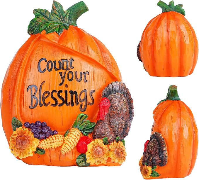 Topadorn Thanksgiving Pumpkin Figurine with Count Your Blessings Quote, Harvest Turkey Statue with Sunflowers, Fall Table Decor