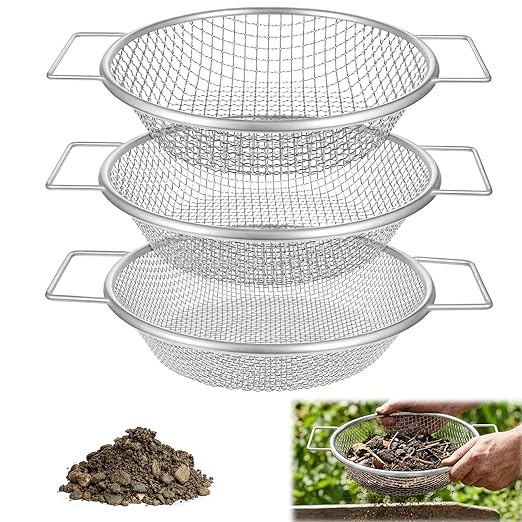 3 Pcs Soil Sifter for Gardening with Handle, 3mm + 6mm + 10mm Mesh Compost Sifters Dirt Sifters, Heavy Duty Rock Sifter for 5 Gallon Bucket, for Compost, Dirt, Rocks, Gravel & Garden