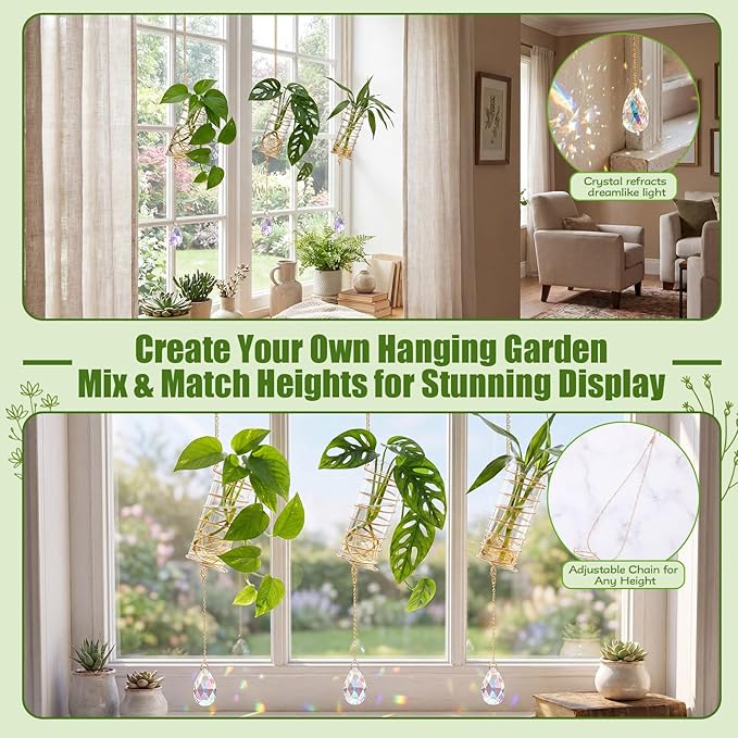 Sieral 3 Set Hanging Propagation Stations with Crystal Suncatchers Glass Propagation Station Planters with Metal Chain for Indoor Wall Hydroponic Propagated Plant Holder Home Decor Gift for Women