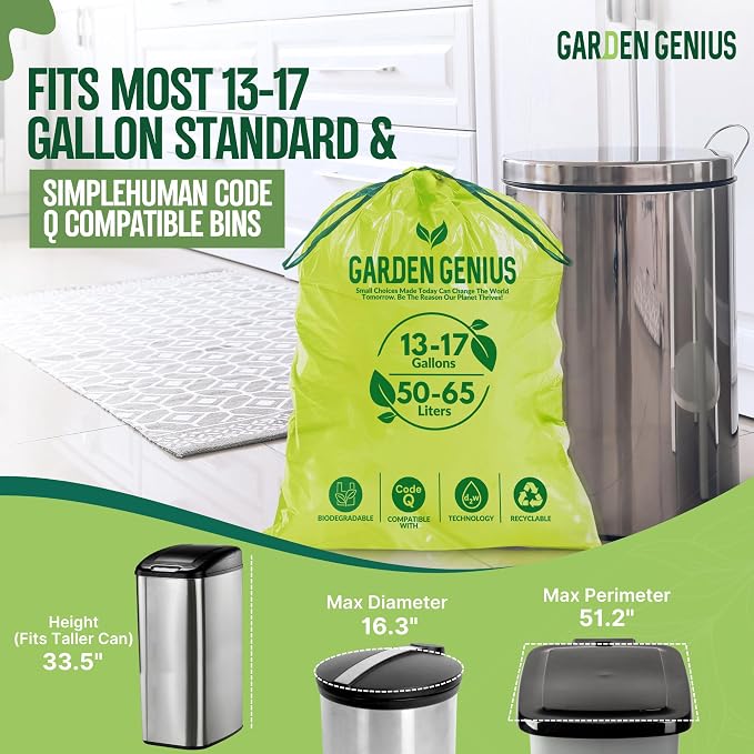Biodegradable 13-17 Gallon Code-Q Trash Bags (50 Pack) | Strong Heavy-Duty Tall Green Kitchen Bags w/ Drawstring | Fits Simplehuman & Standard Cans | Eco-Friendly D2W, 30 Micron Thick | 25.6" x 33.5"