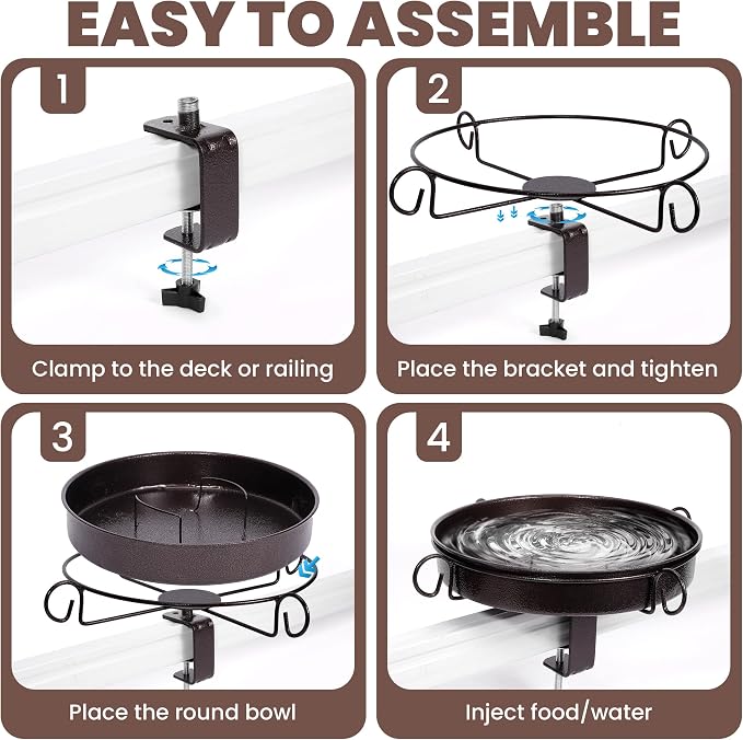 Deck Mounted Bird Bath 12 Inches,with Adjustable Metal Clamp Up to 3.4 Inches,Wall Mount Bird Bath for Railing,Fence,Patio