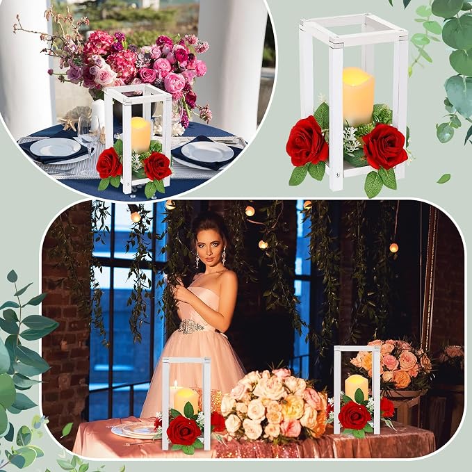 Hushee 60 Pcs Integrated Wedding Lantern Centerpiece Rustic Wooden Holder with Candles and Rings Farmhouse Candle Lantern Decor for Home Valentine Wedding Party Table Decor (White and Red)