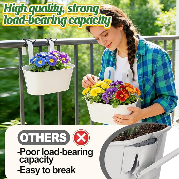 MADHOLLY Railing Planter with Drainage Holes - Sturdy Bucket Pots for Railing Fence, Countryside Style Metal Flower Pots for Herbs Balcony Garden Yard Decor, 2Pcs, White