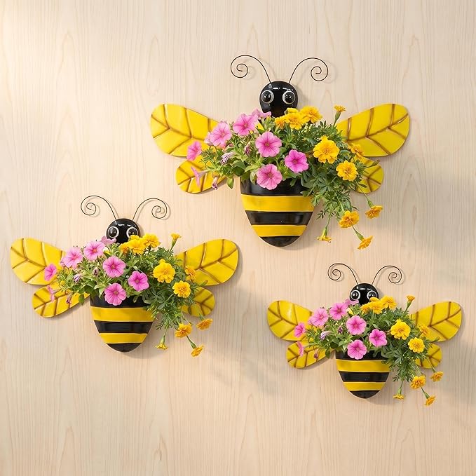 3 Pcs 20 Inch Metal Bee Wall Pocket Planter, Rustic Decorative Wall Hanging Planter for Indoor & Outdoor, Flower Plant Pot for Garden Yard Patio Balcony & Fence, Black & Yellow, Set of 3