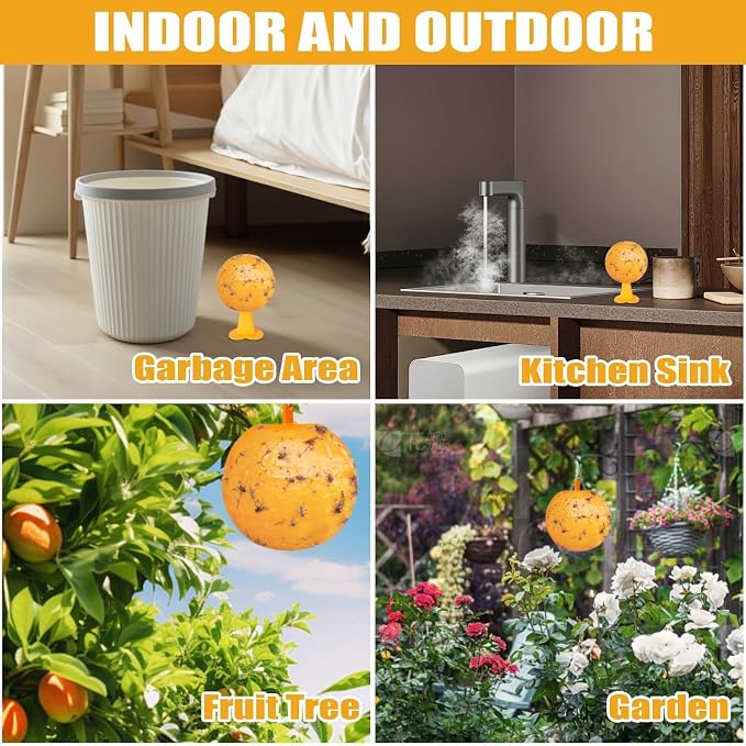 Upgraded Sticky Hanging Ball with Base 6 Pack, Osseph Fruit Adhesive Balls Sticky Balls for Indoor Outdoor Garden Use (Yellow)