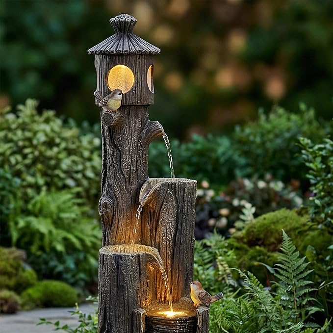 42-Inch Outdoor Water Fountain, 4-Tier Resin Birdhouse Waterfall Fountain with 4 Warm LED Lights, Rustic Tree Trunk Design, Home Decor for Garden, Porch, Deck, Yard, Patio, Lawn in Black